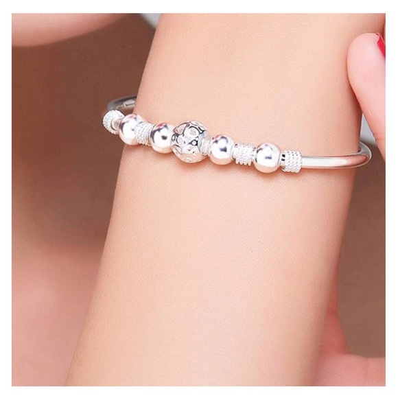 New Sterling Silver Lucky Heart Beads Bangle Bracelet - Picture 3 of 6